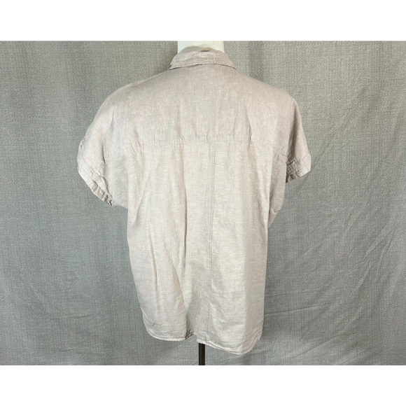 H&M Shirt Womens Large Beige Linen Blend Button Up Short Sleeve Blouse - Picture 2 of 8